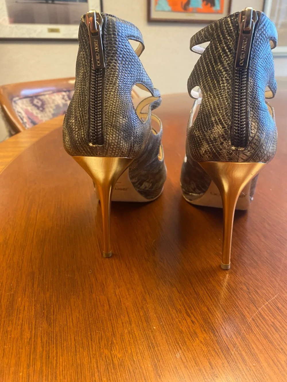 Jimmy Choo Leda Metallic Bronze Lizard Embossed Cage Sandals – Size 38 – Made in